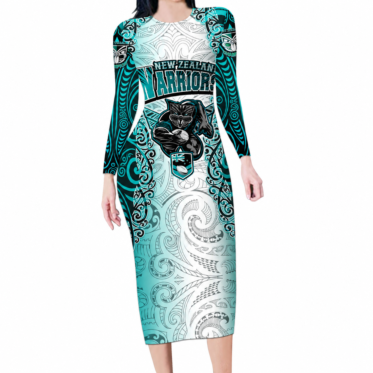 Personalised New Zealand Warriors Long Sleeve Bodycon Dress Maori Silver Fern Green RLT03 Long Dress Black - Polynesian Pride