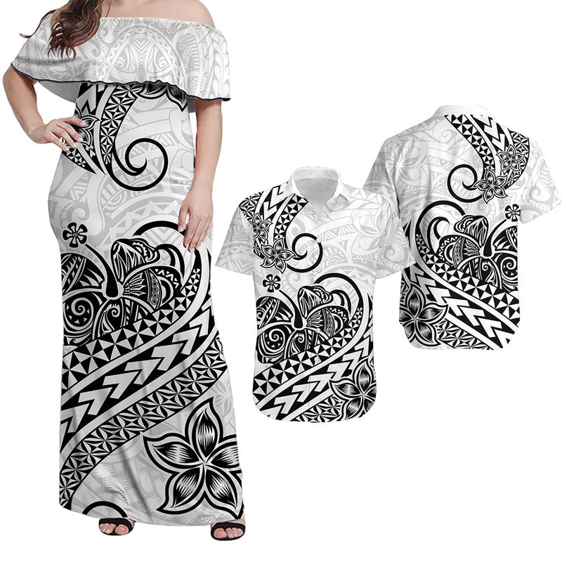 Polynesian Tribal Tattoo Retro Couples Off Long Dress and Hawaiian Shirt Black Screen Color LT9 Black - Polynesian Pride