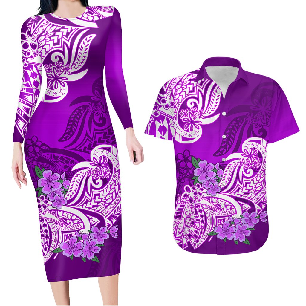 Polynesian Matching Outfit For Couples Floral Tribal Purple Style Bodycon Dress And Hawaii Shirt LT9 7XL - Polynesian Pride