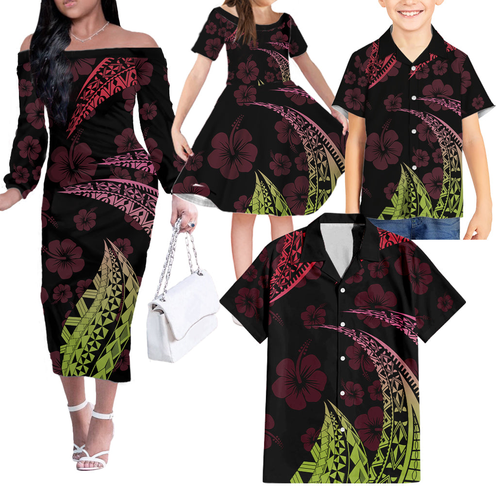 CUSTOMER REQUEST - Polynesian Hibiscus - 08/01/2025 - Family Matching Off The Shoulder Long Sleeve Dress and Hawaiian Shirt - LT03 Blue - Polynesian Pride
