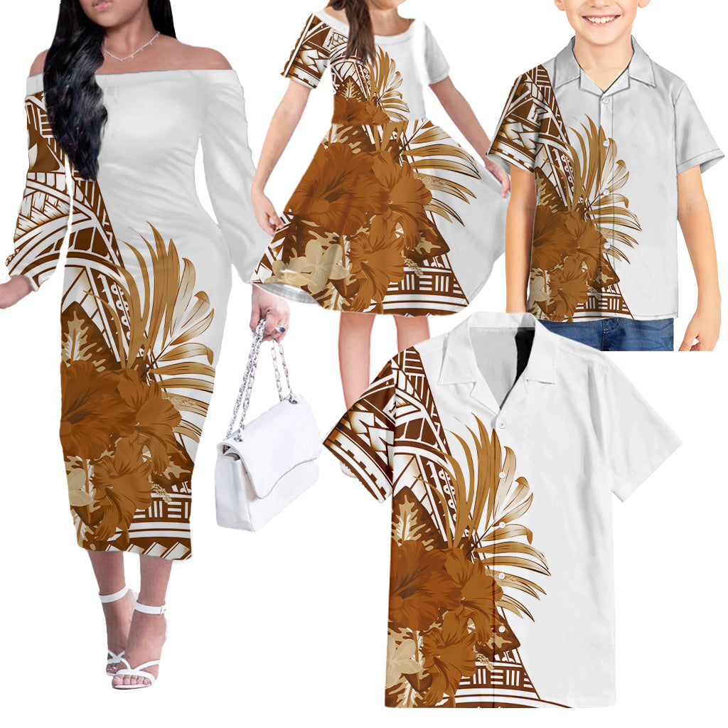 White Family Matching Outfits Hawaii Flowers Off Shoulder Long Sleeve Dress And Shirt Family Set Clothes Brown Color - Polynesian Pride