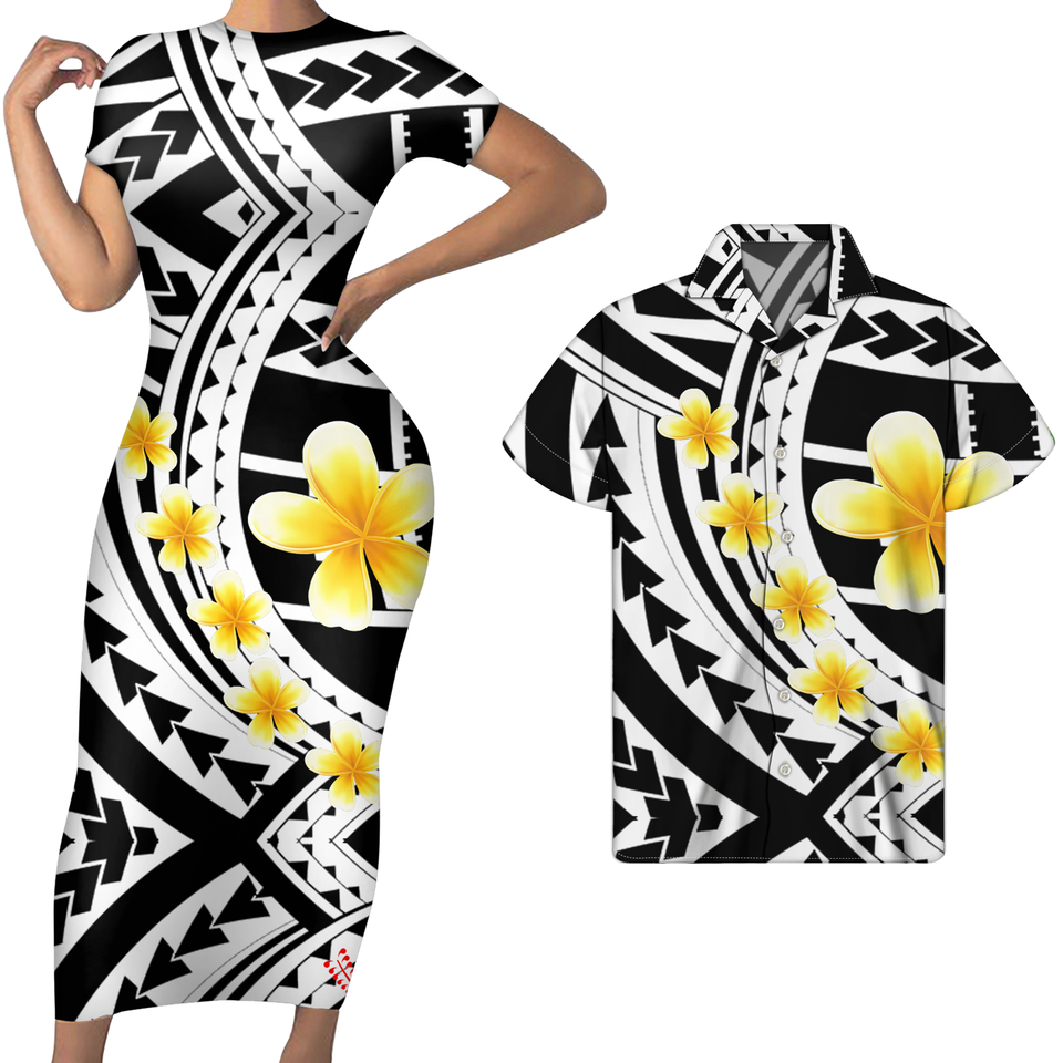 Polynesian Pride Black And White Matching Outfit For Couples Plumeria Polynesian Tribal Bodycon Dress And Hawaii Shirt No Dress - Polynesian Pride