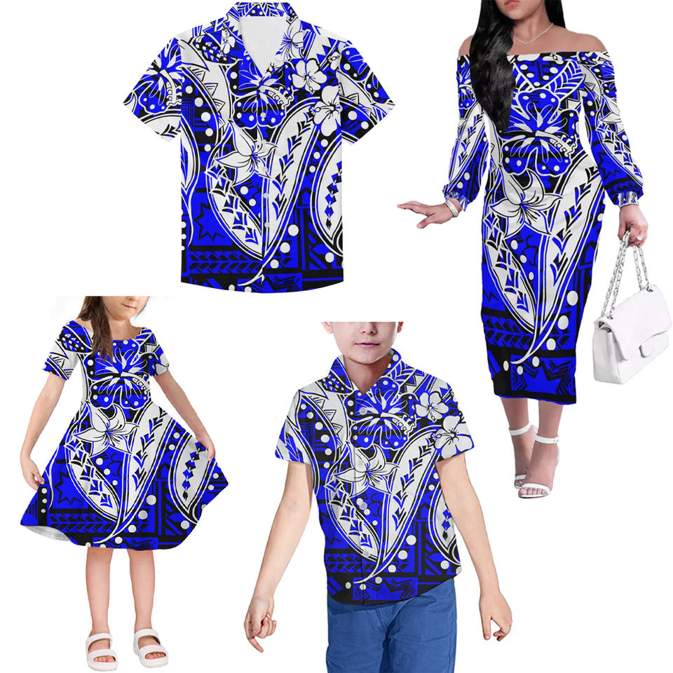 Blue Matching Outfits For Family Polynesian Tribal Hawaii Pattern Off Shoulder Long Sleeve Dress And Shirt Family Set Clothes Daughter's Dress - Polynesian Pride