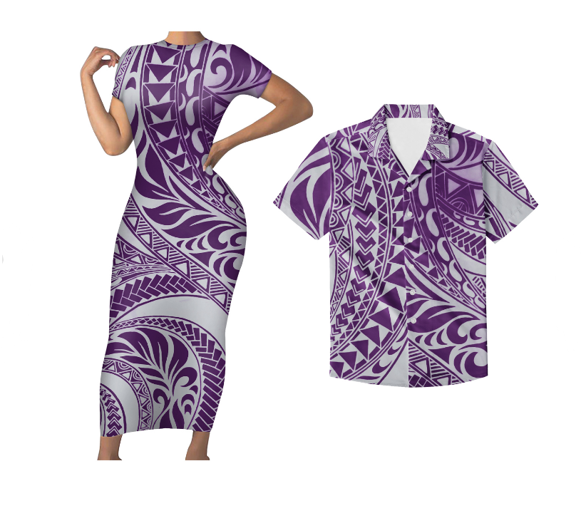 Polynesian Pride Hawaii Matching Outfit For Couples Polynesian Tribal Purple Short Sleeve Body Long Dress And Hawaii Shirt No Dress - Polynesian Pride