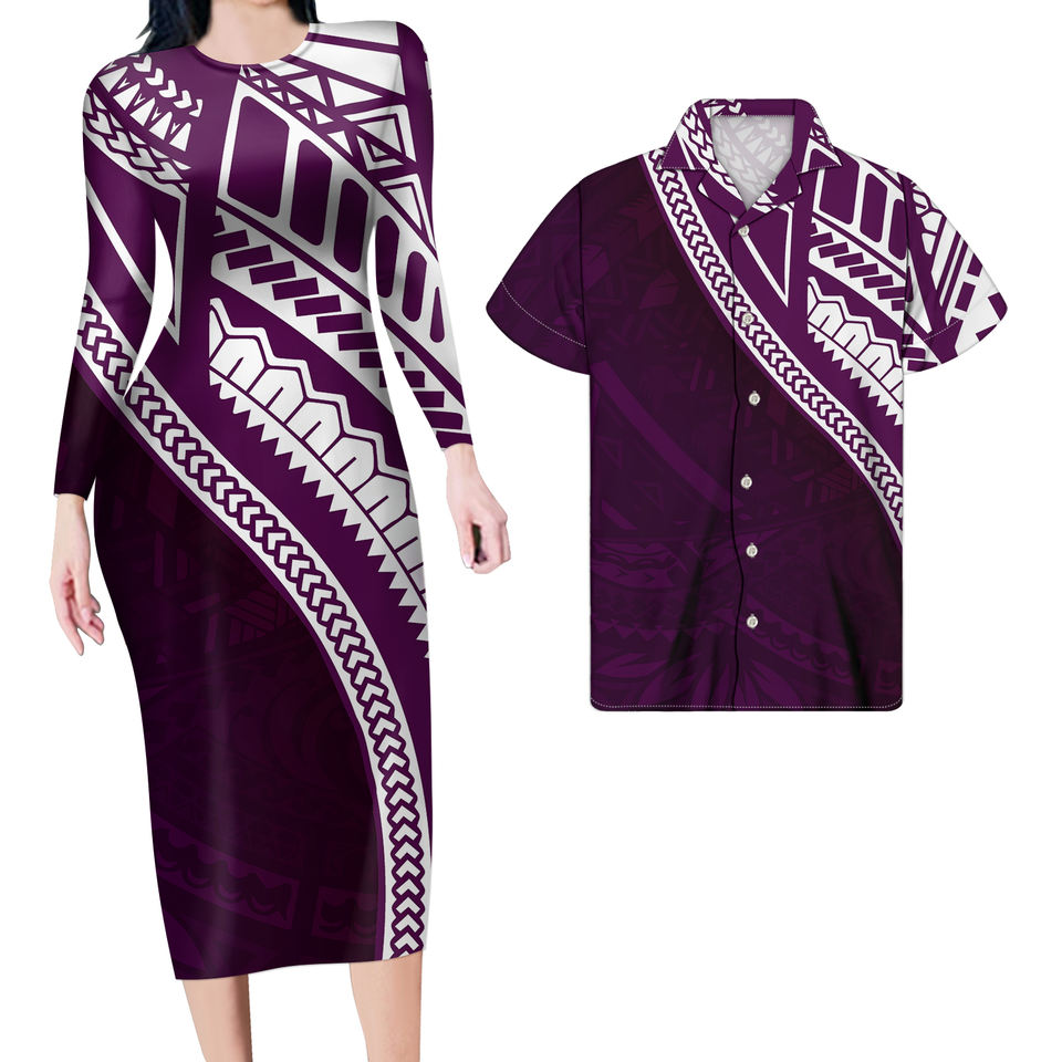 Purple Matching Outfit For Couples Hawaii Polynesian Tribal Bodycon Dress And Hawaii Shirt No Dress - Polynesian Pride