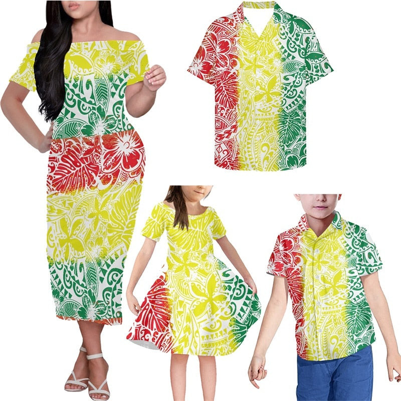 Hawaiian Family Matching Outfits Polynesian Tribal Colorful Off Shoulder Long Sleeve Dress And Shirt Dad's Shirt - 5XL - Polynesian Pride
