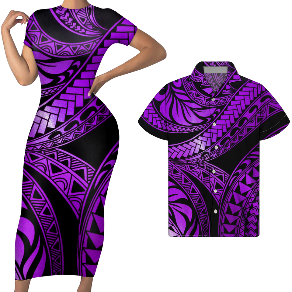Polynesian Pride Hawaii Matching Outfit For Couples Polynesian Tribal Purple Bodycon Dress And Hawaii Shirt No Dress - Polynesian Pride