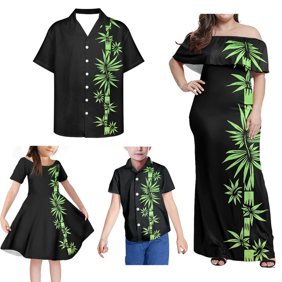 Polynesian Matching Clothes For Family Hawaii Tropical Print Off Shoulder Long Sleeve Dress And Shirt Dad's Shirt - 5XL - Polynesian Pride