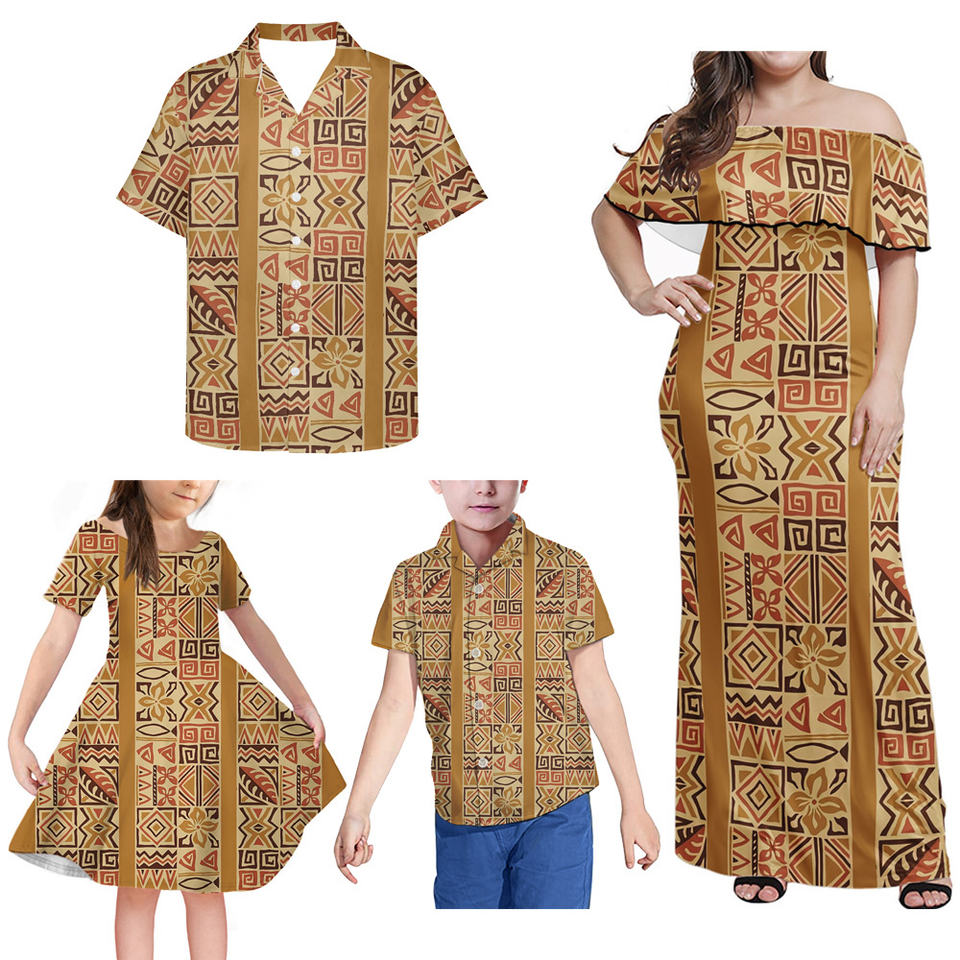American Samoa Tapa Matching Clothes For Family Polynesian Tribal Off Shoulder Long Sleeve Dress And Shirt Dad's Shirt - 5XL - Polynesian Pride