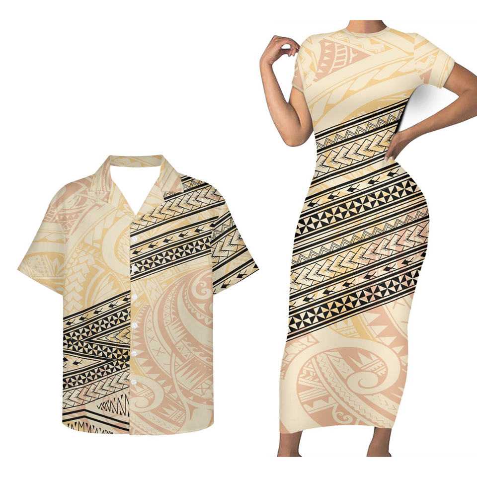 Matching Outfit For Couples Hawaiian Polynesian Tribal Grey Bodycon Dress And Hawaii Shirt No Dress - Polynesian Pride
