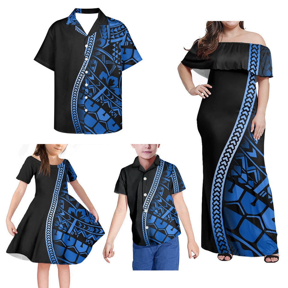 Polynesian Family Matching Outfit Polynesian Tribal Tattoo Print Blue Curve Off Shoulder Long Sleeve Dress And Hawaii Shirt Family Set Daughter's Dress - Polynesian Pride