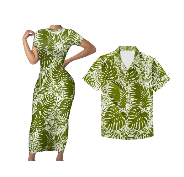 Polynesian Pride Matching Tropical Couple Outfits Hawaii Palm Leaf Green Bodycon Dress And Hawaii Shirt No Dress - Polynesian Pride