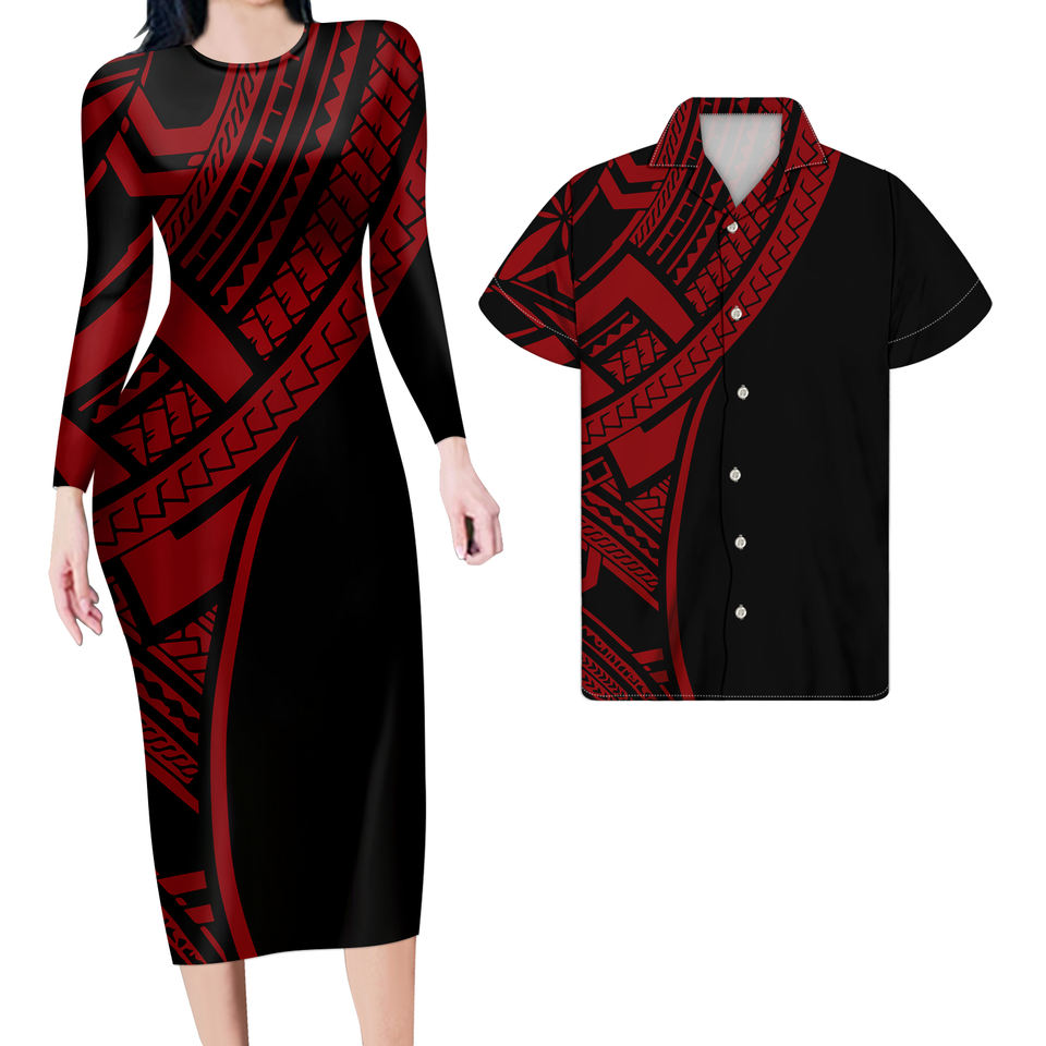 Hawaii Matching Outfit For Couples Hawaiian Polynesian Tribal Half Bodycon Dress And Hawaii Shirt No Dress - Polynesian Pride