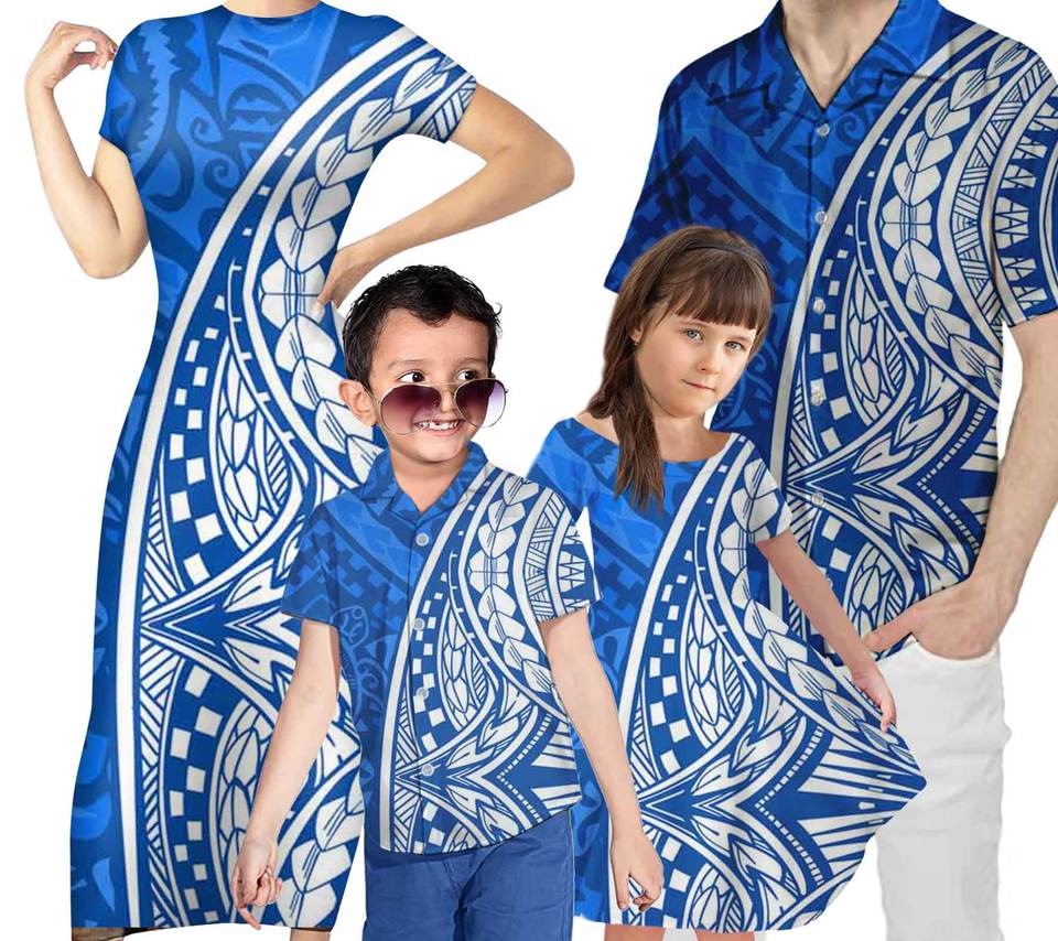 Blue Matching Family Outfit - Hawaii Polynesian Tribal Curve Style Bodycon Dress and Hawaii Shirt Daughter's Dress - Polynesian Pride