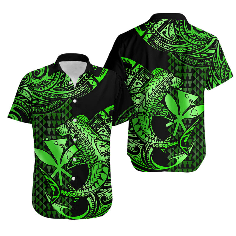 Polynesian Matching Dress and Hawaiian Shirt Hawaii Kakau Kanaka with Tribal Hammerhead Shark Green LT14 - Polynesian Pride