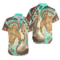 Hawaii Couples Matching Off The Shoulder Long Sleeve Dress And Hawaiian Shirt Polynesian Shark And Sea Turtle Dreamy Turquoise LT14 - Polynesian Pride