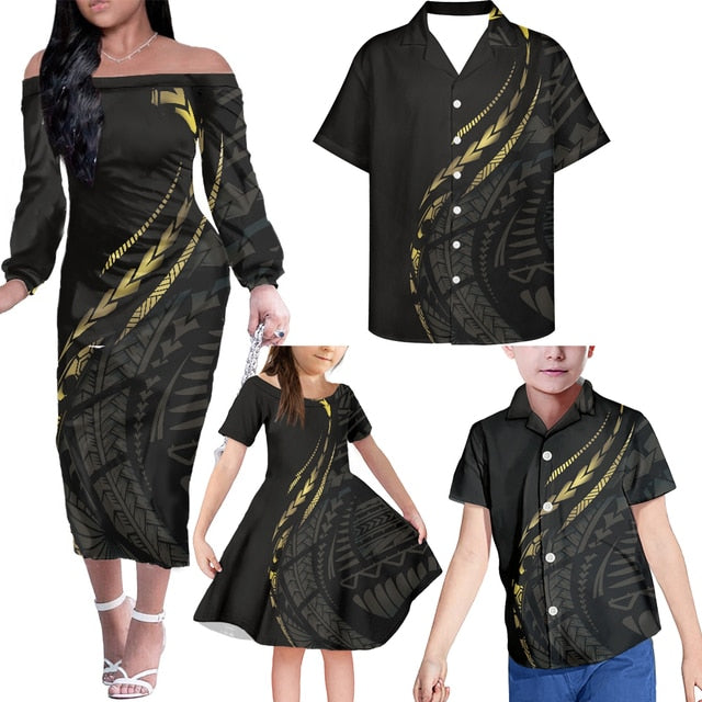 Black Family Matching Outfits Hawaii Polynesian Tribal Off Shoulder Long Sleeve Dress And Shirt Family Set Clothes Daughter's Dress - Polynesian Pride
