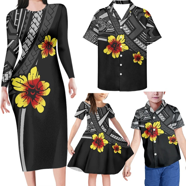 Family Matching Outfits Hawaii Hibiscus Flowers Polynesian Tribal Family Set Bodycon Dress And Hawaii Shirt Dad's Shirt - 5XL - Polynesian Pride