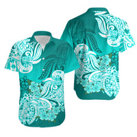 Polynesian Matching Couple Outfit Floral Tribal Puletasi Dress and Hawaiian Shirt Turquoise LT9 - Polynesian Pride