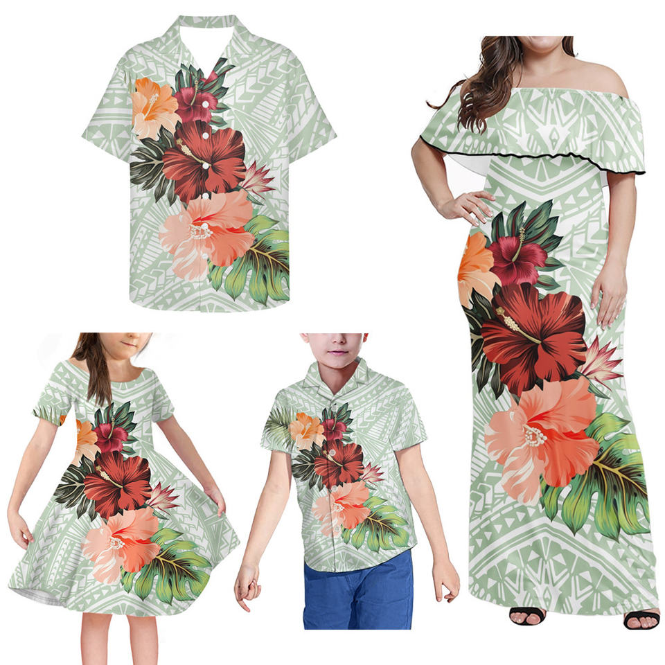 Polynesian Family Matching Outfit Hawaii Floral Tropical Off Shoulder Long Sleeve Dress And Hawaii Shirt Dad's Shirt - 5XL - Polynesian Pride