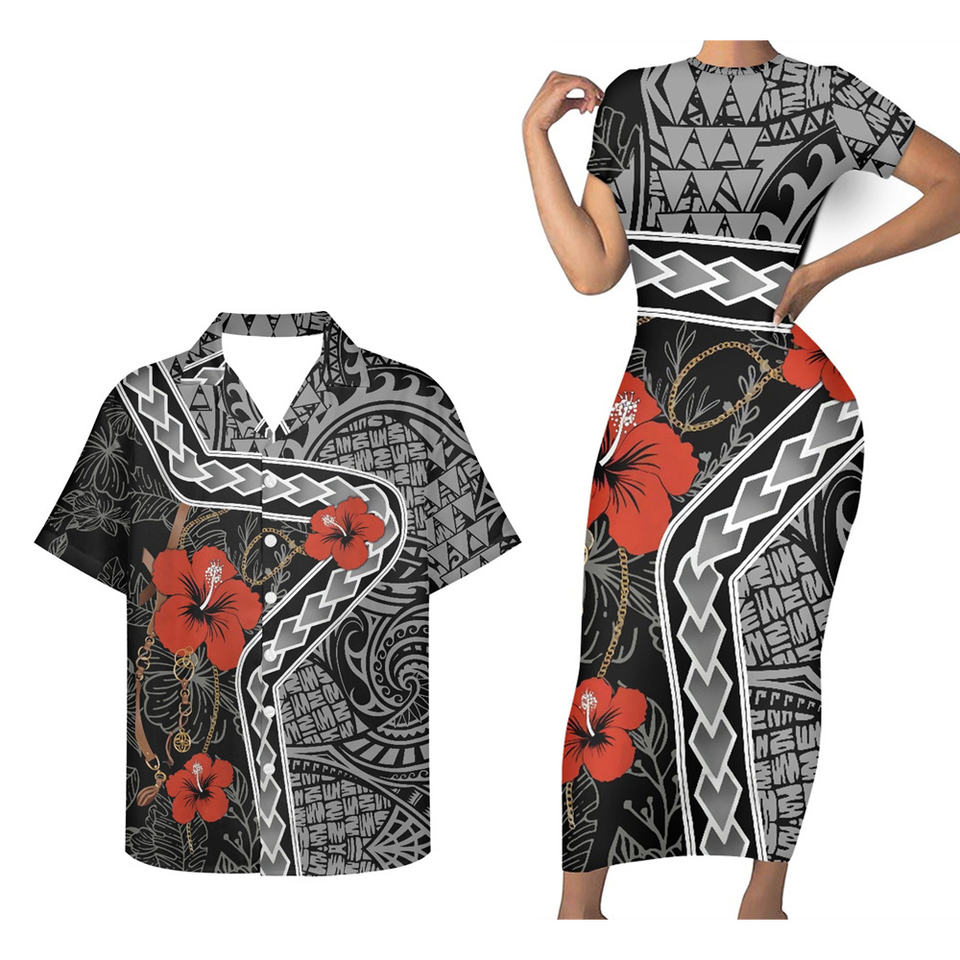 Matching Outfit For Couples Hawaii Hibiscus Polynesian Tribal Line Bodycon Dress And Hawaii Shirt No Dress - Polynesian Pride