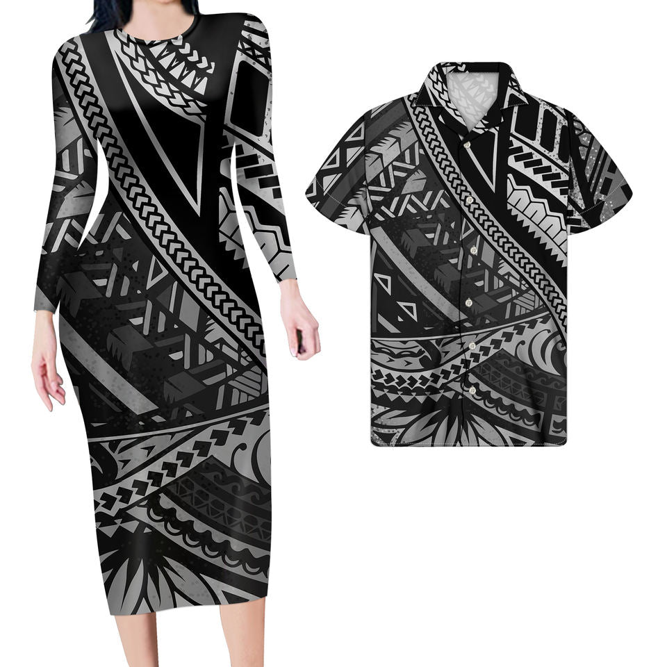 Matching Outfit For Couples Black Polynesian Tribal Hawaii Tropical Bodycon Dress And Hawaii Shirt No Dress - Polynesian Pride
