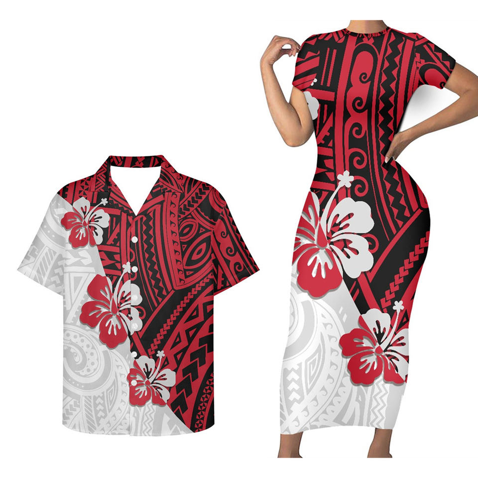 Hawaii Matching Outfit For Couples Red Hibiscus Polynesian Tribal Bodycon Dress And Hawaii Shirt No Dress - Polynesian Pride