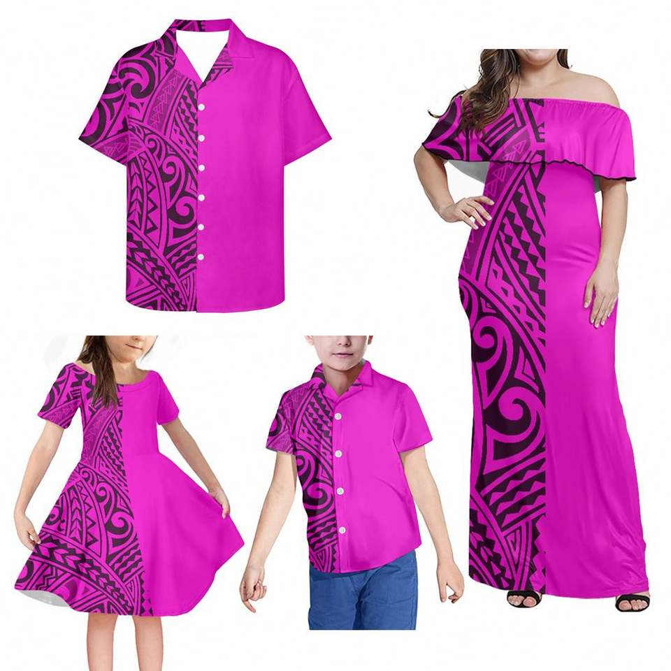 Polynesian Family Matching Outfit Polynesian Tribal Half Style Pink Off Shoulder Long Sleeve Dress And Shirt Dad's Shirt - 5XL - Polynesian Pride