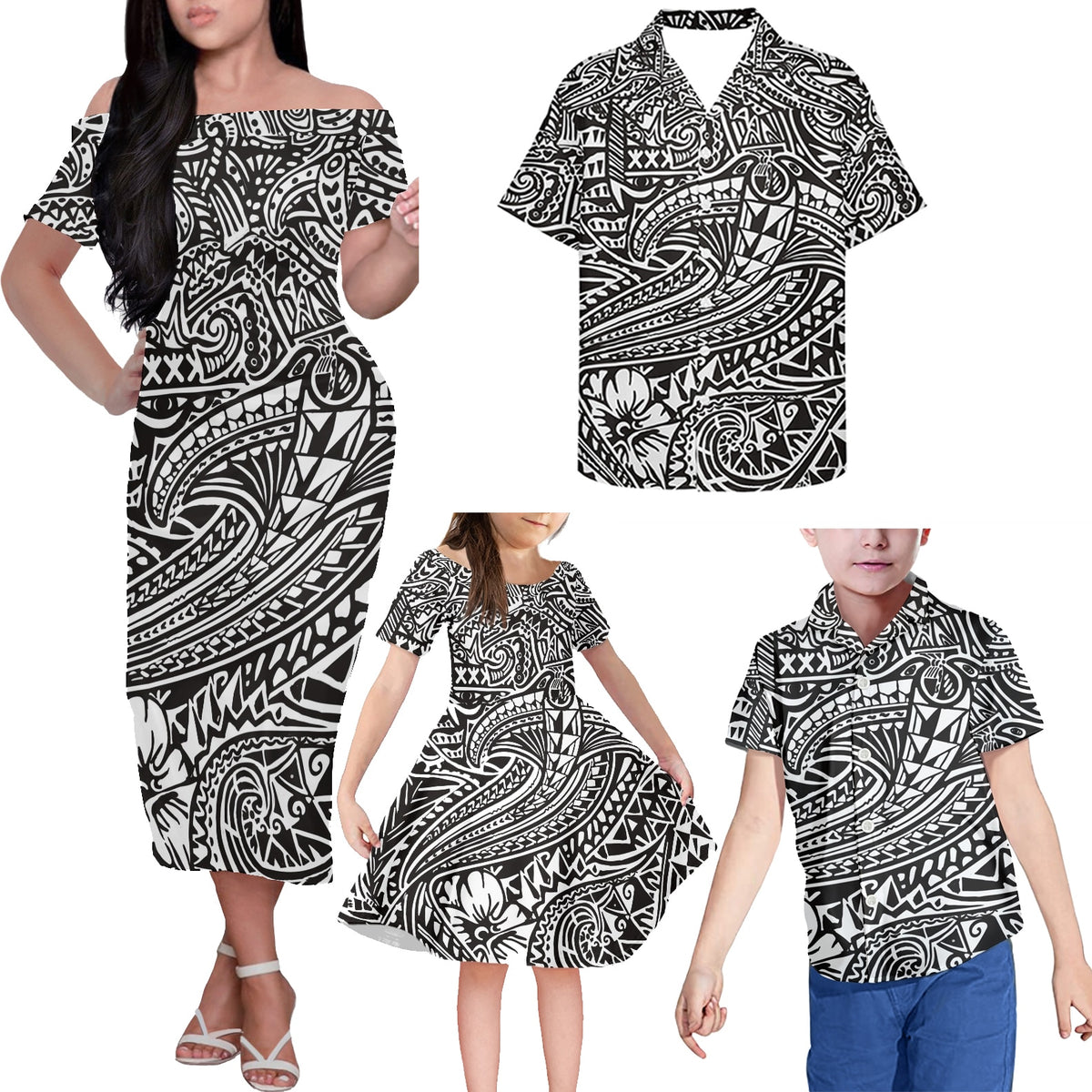 Black And White Matching Clothes For Family Polynesian Tribal Hawaii Floral Off Shoulder Long Sleeve Dress And Shirt Dad's Shirt - 5XL - Polynesian Pride