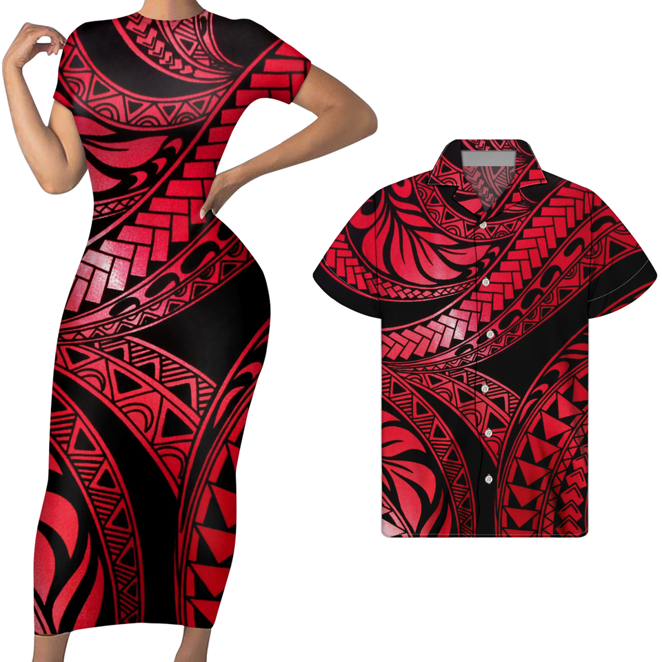 Polynesian Pride Hawaii Matching Outfit For Couples Polynesian Tribal Red Bodycon Dress And Hawaii Shirt No Dress - Polynesian Pride