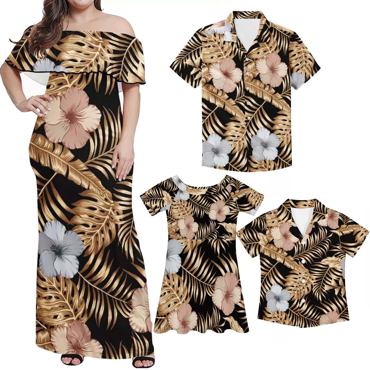 Hawaii Tropical Family Matching Outfits Polynesian Floral Off Shoulder Long Sleeve Dress And Shirt Dad's Shirt - 5XL - Polynesian Pride