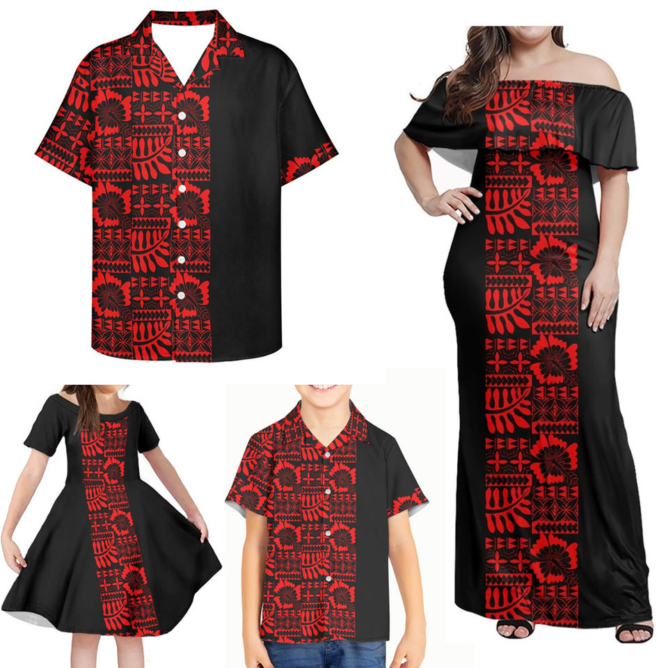 Polynesian Family Matching Outfit Polynesian Tribal Samoan Off Shoulder Long Sleeve Dress And Shirt Daughter's Dress - Polynesian Pride