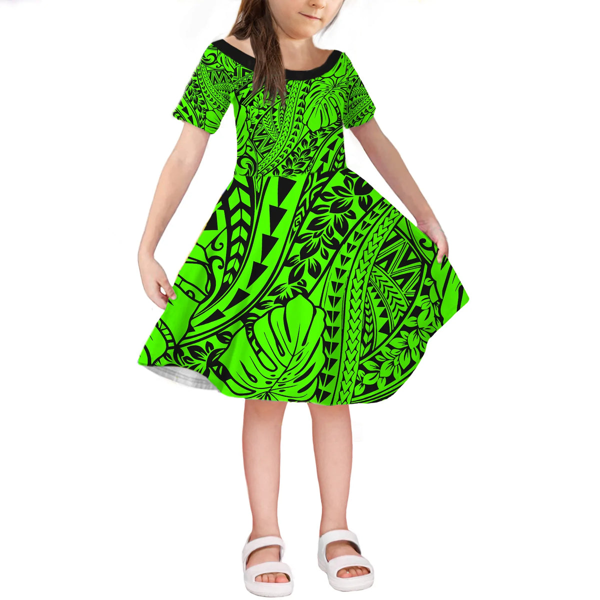 Green Hawaii Family Matching Off Shoulder Long Sleeve Dress And Hawaiian Shirt Tribal Art LT14 - Polynesian Pride