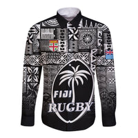 (Custom Text and Number) Fiji Rugby Hawaii Long Sleeve Button Shirt Flying Fijians Black Tapa Pattern LT13 Unisex Black - Polynesian Pride