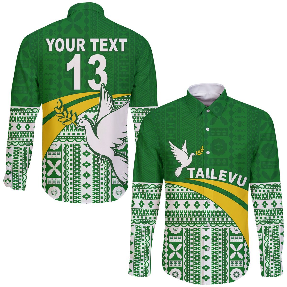 (Custom Text and Number) Tailevu Rugby Hawaii Long Sleeve Button Shirt Fiji Rugby Tapa Pattern Green LT13 Unisex Green - Polynesian Pride