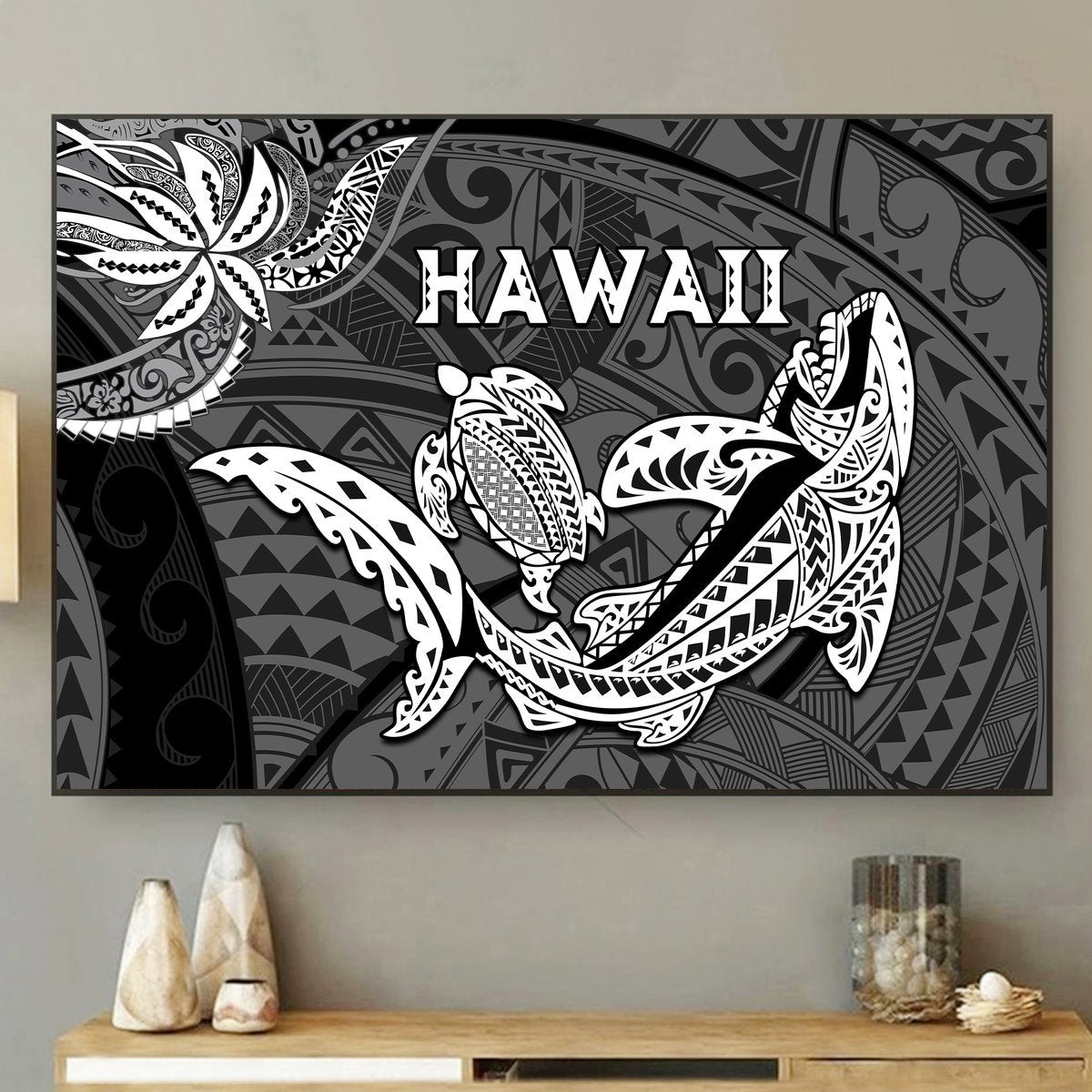 Hawaii Shark and Turtle 5 Pieces Canvas Wall Art With Black Kakau LT9 - Polynesian Pride