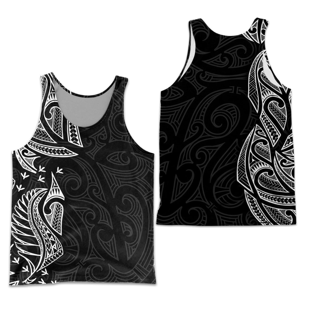 New Zealand Maori Men Tank Top Ta Moko Tattoo - White LT9 Black - Polynesian Pride