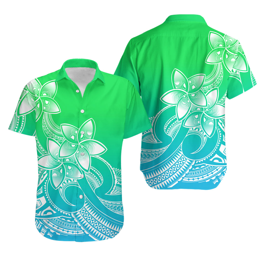 Polynesian Couple Outfits Plumeria Flowers Couples Long Sleeve Dress and Hawaiian Shirt Polynesian Tribal Gradient Green LT9 - Polynesian Pride