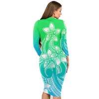 Polynesian Pride Plumeria Flowers Long Sleeve Dress Polynesian Tribal Gradient Green LT9 - Polynesian Pride