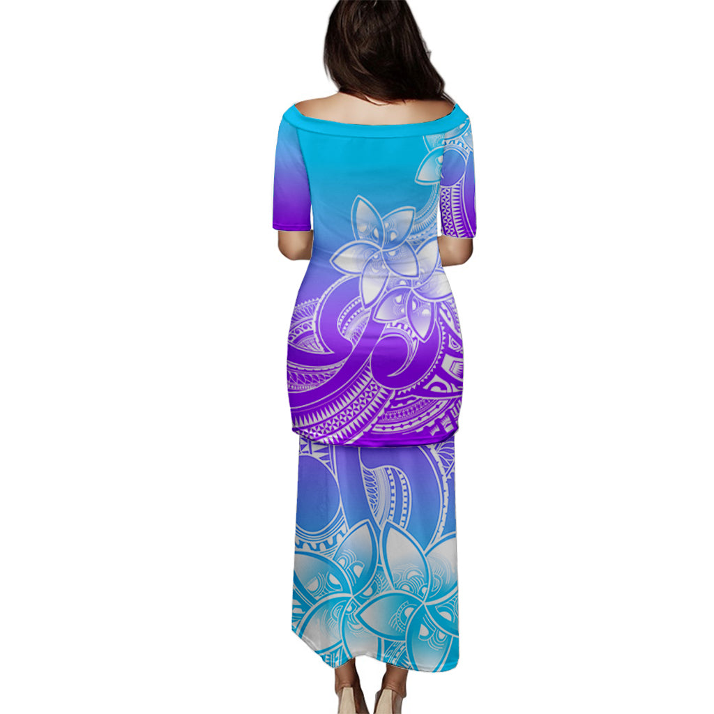 Polynesian Couple Outfits Plumeria Flowers Puletasi Dress and Hawaiian Shirt Polynesian Tribal Gradient Purple LT9 - Polynesian Pride