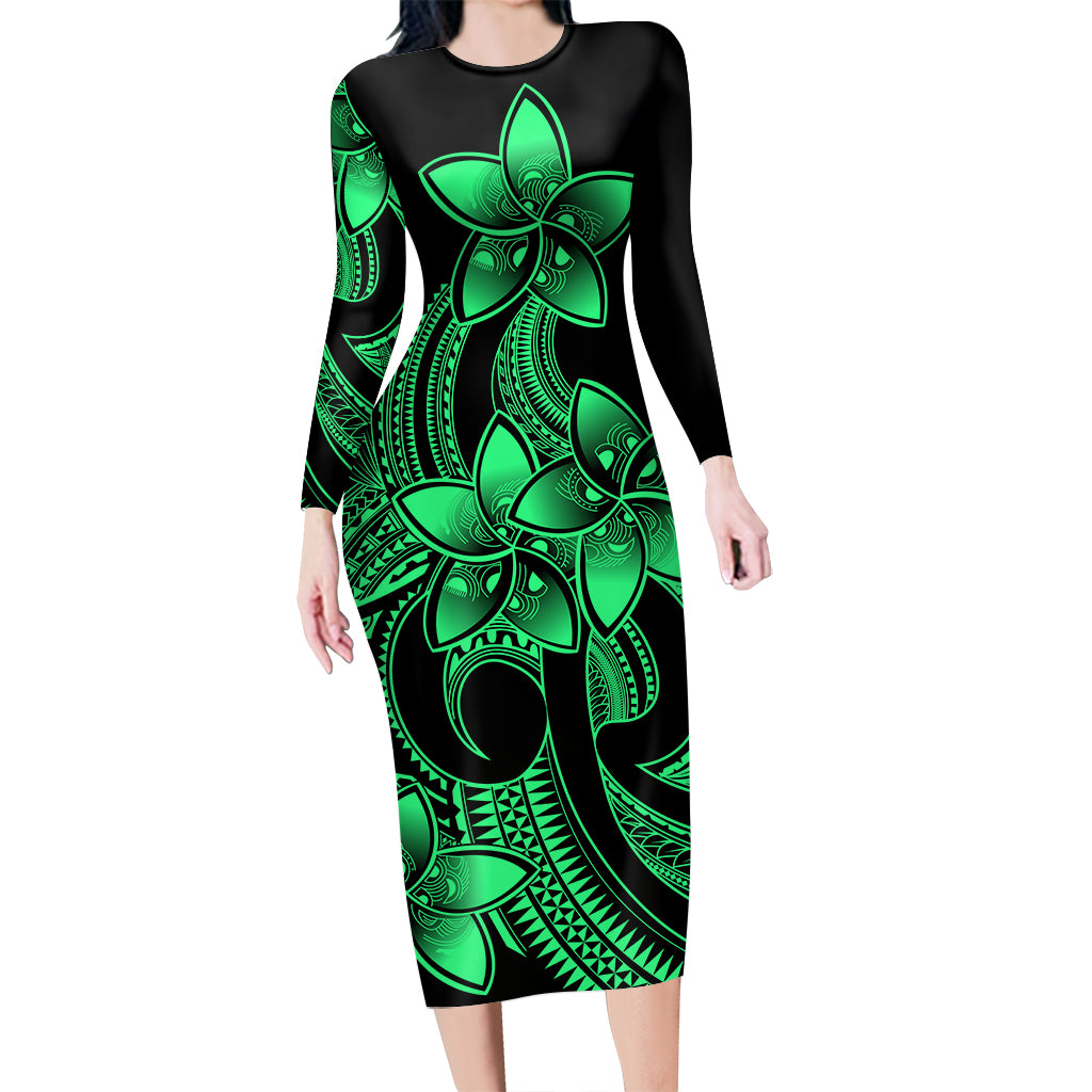Polynesian Couple Outfits Plumeria Flowers Couples Bodycon Dress Hawaiian Shirt Polynesian Tribal Green Vibe LT9 - Polynesian Pride