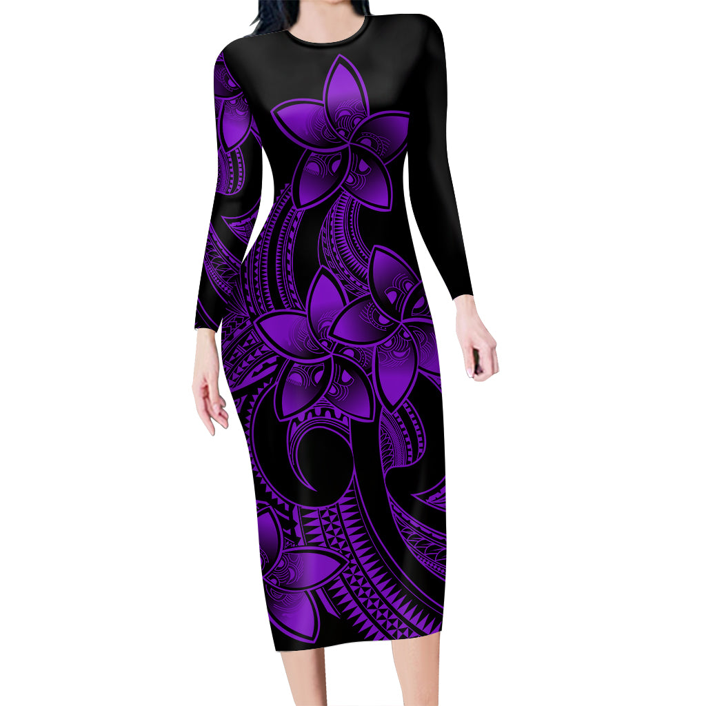 Polynesian Pride Plumeria Flowers Long Sleeve Dress Polynesian Tribal Purple Vibe LT9 Polyester spandex Purple - Polynesian Pride