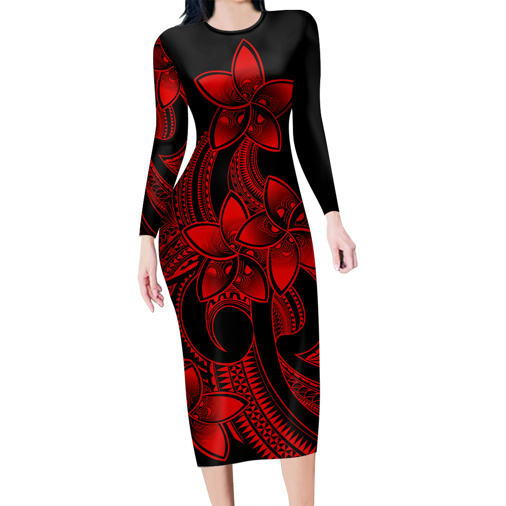 Polynesian Couple Outfits Plumeria Flowers Couples Bodycon Dress Hawaiian Shirt Polynesian Tribal Red Vibe LT9 - Polynesian Pride