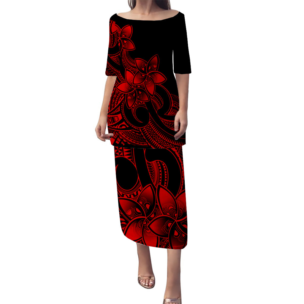 Polynesian Couple Outfits Plumeria Flowers Puletasi Dress and Hawaiian Shirt Polynesian Tribal Red Vibe LT9 - Polynesian Pride