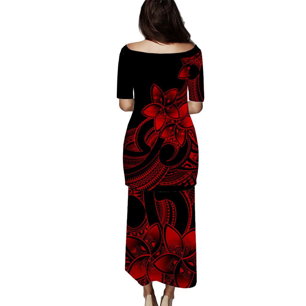 Polynesian Couple Outfits Plumeria Flowers Puletasi Dress and Hawaiian Shirt Polynesian Tribal Red Vibe LT9 - Polynesian Pride