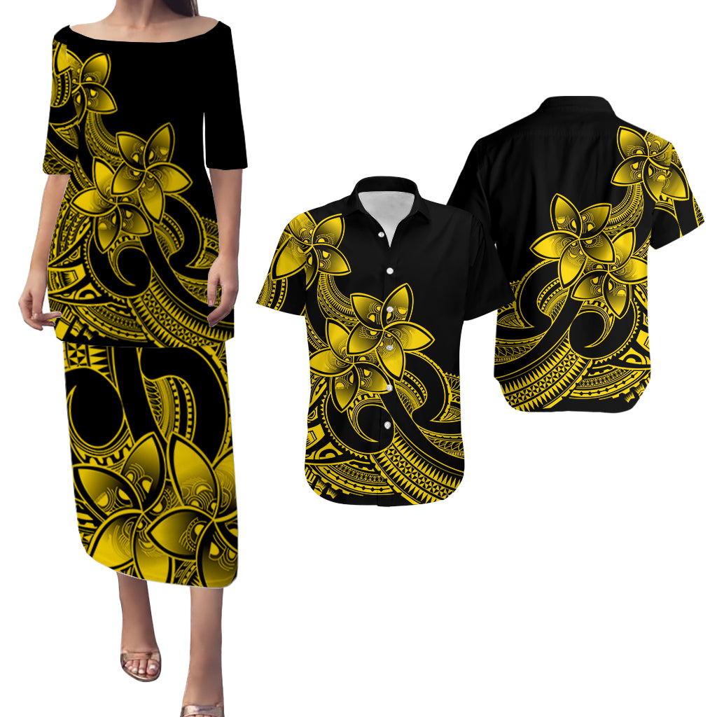Polynesian Couple Outfits Plumeria Flowers Puletasi Dress and Hawaiian Shirt Polynesian Tribal Yellow Vibe LT9 Yellow - Polynesian Pride