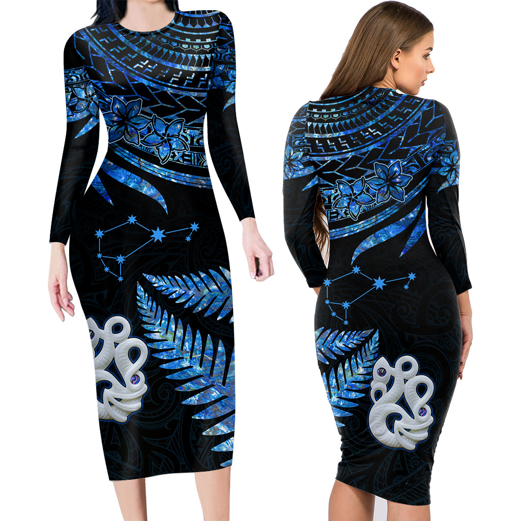 Matariki New Zealand Long Sleeve Bodycon Dress Hawaiian Shirt Manaia with Paua Shell - Blue LT9 Long Dress Blue - Polynesian Pride