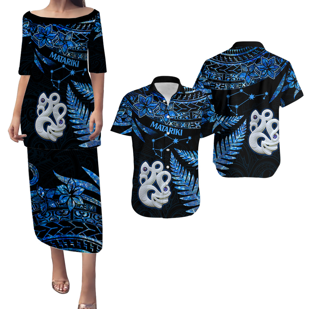 Couples Matching Hawaiian Outfits Matariki New Zealand Puletasi Dress and Hawaiian Shirt Manaia with Paua Shell - Blue LT9 Blue - Polynesian Pride