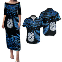 Couples Matching Hawaiian Outfits Matariki New Zealand Puletasi Dress and Hawaiian Shirt Manaia with Paua Shell - Blue LT9 Blue - Polynesian Pride