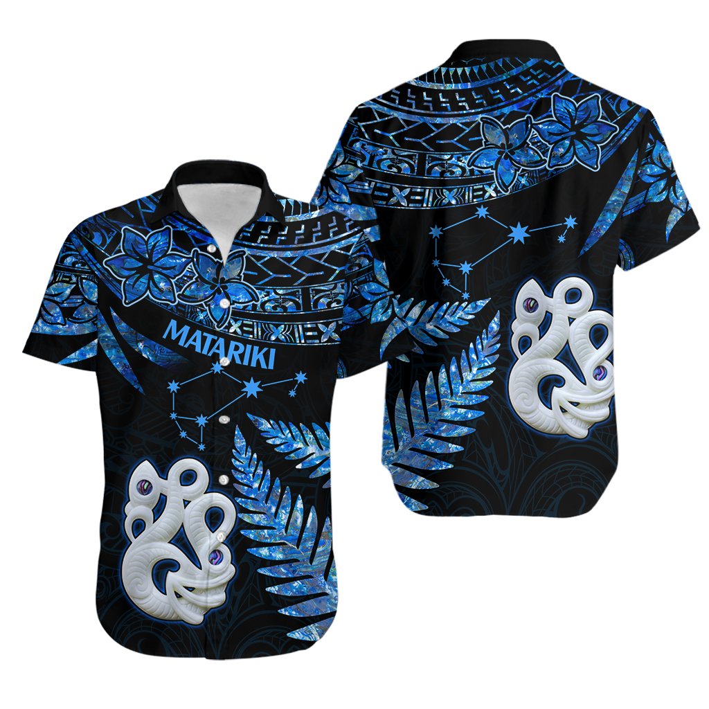 Matching Outfits For Couples Maori Short Sleeve Body Long Dress and Hawaiian Shirt Matariki Stars Manaia with Paua Shell - Blue LT9 - Polynesian Pride